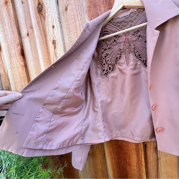 Vintage 90s Mauve Mesh Lace Butterly Back Copped Blazer Jacket 🌿 - Picture 14 of 15